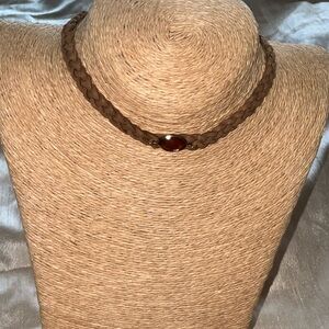 Brown Braided leather Choker Necklace with Amber Stone adjustable